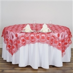 72" Satin Floral Design Square Overlay with Elegant Lace Netting - Coral