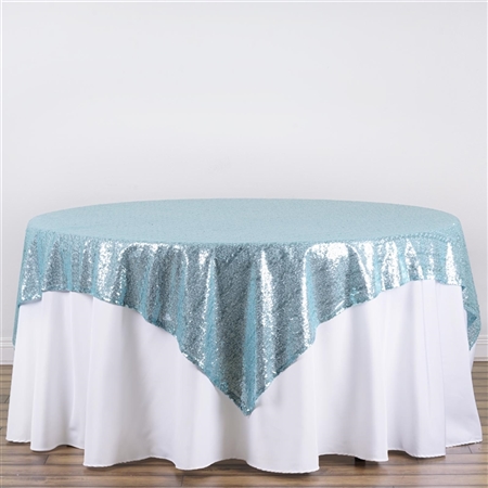 90"x90" Grand Duchess Sequin Table Overlays - Serenity Blue