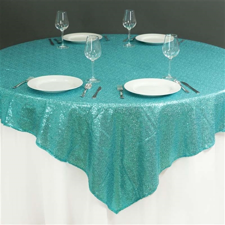 90"x90" Grand Duchess Sequin Table Overlays - Turquoise