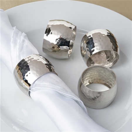 Shiny Silver Plated Hammered Curved Napkin Rings - 4/pk