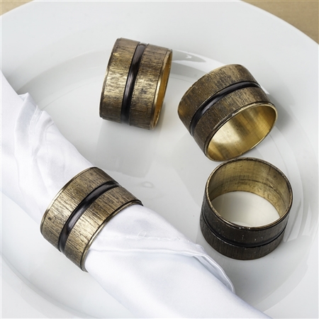 Antique Copper Napkin Rings with Ribbed Surface and Obsidian Black Striped Center - 4/pk
