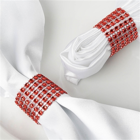 Diamond Rhinestone Napkin Rings, Chair Sash Band Brooch Buckle with Velcro - Red - 10 Pack