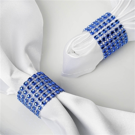 Diamond Rhinestone Napkin Rings, Chair Sash Band Brooch Buckle with Velcro - Royal Blue - 10 Pack