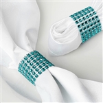 Diamond Rhinestone Napkin Rings, Chair Sash Band Brooch Buckle with Velcro - Turquoise - 10 Pack