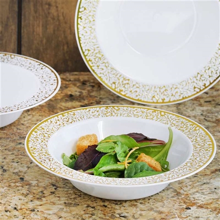 10 Pack - White with Gold Trimmed 12oz Round Disposable Bowl - Picturesque Collection