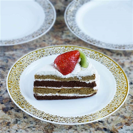 10 Pack - White with Gold Trimmed 7.5" Round Disposable Plate - Designer Lace collection