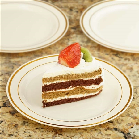 10 Pack - Ivory with Gold 7.5" Round Disposable Plate - Tres Chic Collection