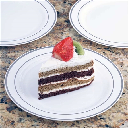 10 Pack - White with Silver 7.5" Round Disposable Plate - Tres Chic Collection