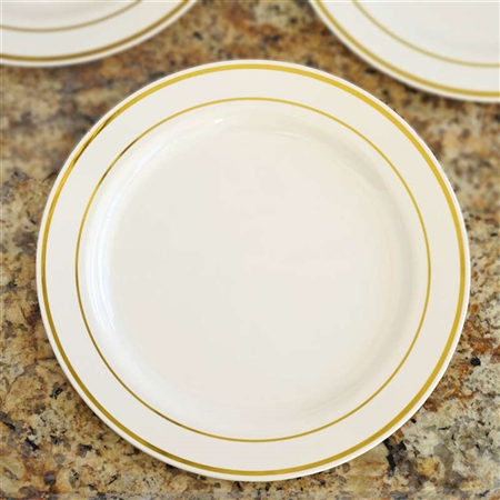 10 Pack - Ivory with Gold 9" Round Disposable Plate - Tres Chic Collection