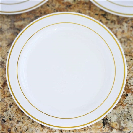 10 Pack - White with Gold 9" Round Disposable Plate - Tres Chic Collection