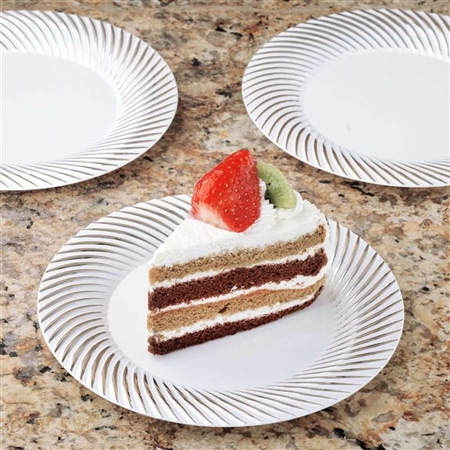 10 Pack - White with Silver 7" Round Disposable Plate - Twirl Collection