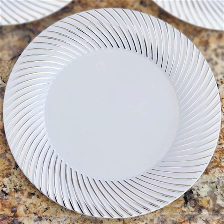 10 Pack - White with Silver 9" Round Disposable Plate - Twirl Collection