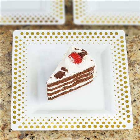 10 Pack - White with Gold 8" Square Disposable Plate - Hot Dots Collection