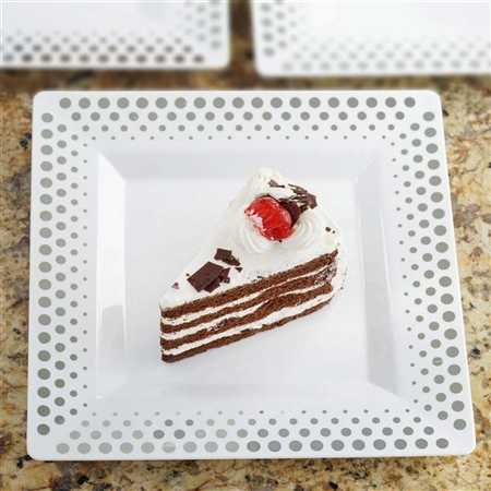 10 Pack - White with Silver 8" Square Disposable Plate - Hot Dots Collection