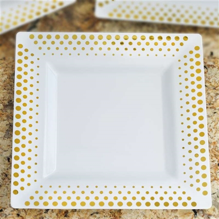 10 Pack - White with Gold 9.5" Square Disposable Plate - Hot Dots Collection
