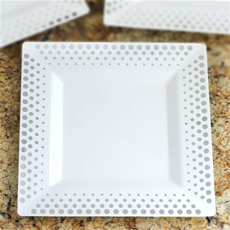 10 Pack - White with Silver 9.5" Square Disposable Plate - Hot Dots Collection