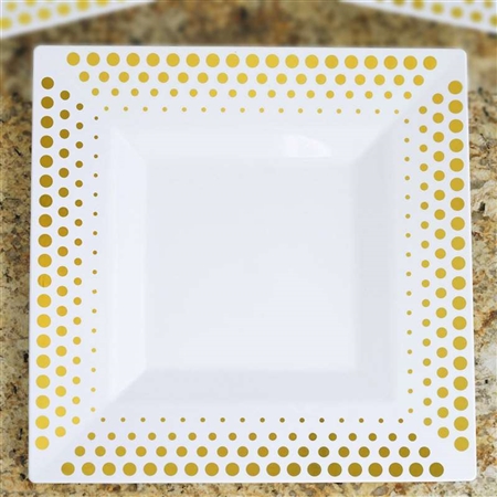10 Pack - White with Gold 10.75" Square Disposable Plate - Hot Dots Collection