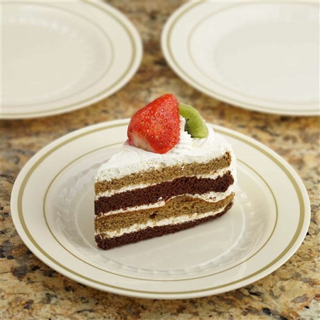 12 Pack - Ivory with Gold 7.5" Round Disposable Plate - Antique Collection