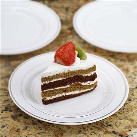 12 Pack - White with Silver 7.5" Round Disposable Plate - Antique Collection