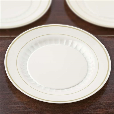 12 Pack - Ivory with Gold 10.25" Round Disposable Plate - Antique Collection