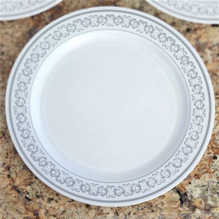 10 Pack - White with Silver 10.25" Round Disposable Plate - Premiere Collection