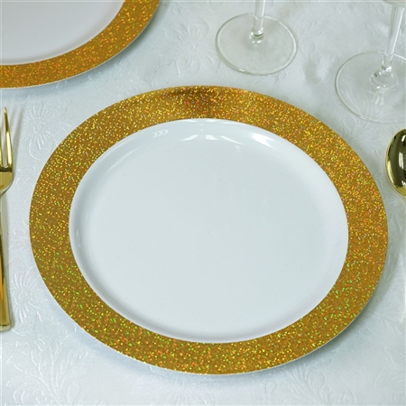 10.25" Disposable Round Dinner Plates with Shiny Gold Dust Rims Event Dinnerware - Pack of 12