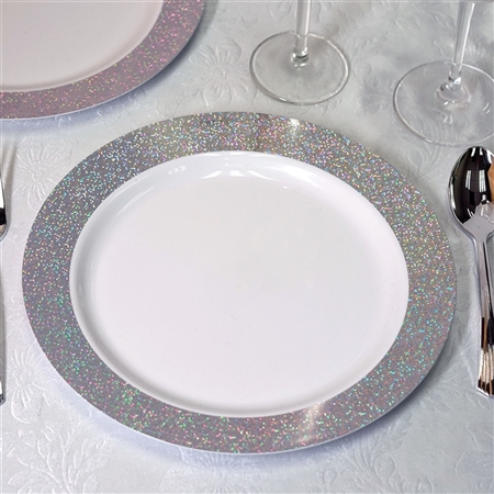 10.25" Disposable Round Dinner Plates with Shiny Silver Dust Rims Event Dinnerware - Pack of 12