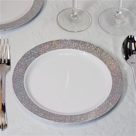 7.5" Disposable Round Salad Dessert Plates With Shiny Silver Dust Rims - Pack of 12