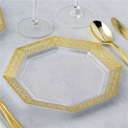 8" Disposable Octagonal Clear Plates with Gold Lace Rim Wedding Dinnerware - Pack of 12