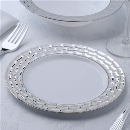 7.25" Disposable Round Salad Dessert Plates with Silver Textured Rim Wedding Dinnerware - Pack of 12