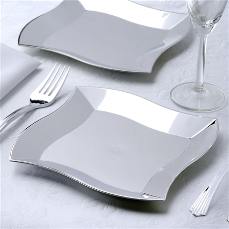7" Disposable Square Plates with Silver Wave Rim Wedding Event Kitchen Dinnerware - Pack of 12