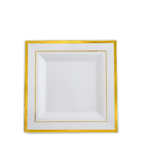 6.5" Disposable Square Dessert Cake Bread Plate with Shiny Gold Rim Dinnerware - Pack of 10