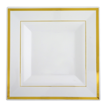 9.5" Disposable Square Dinner Luncheon Plates with Gold Rim Event Kitchen Dinnerware - Pack of 10