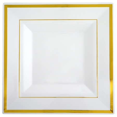 10.75" Disposable Square Dinner Luncheon Plates with Gold Rim Event Dinnerware - Pack of 10