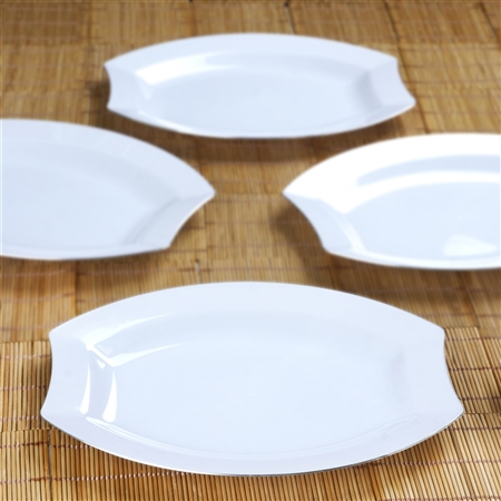 10 Pack - White w/ Silver Edge 10.5" Crescent Oval Shaped Disposable Plate - Chambury Plastics