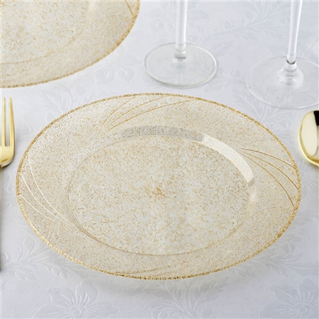 9" Shiny Gold Dust Disposable Round Plates Wedding Event Kitchen Dinnerware - Set of 12