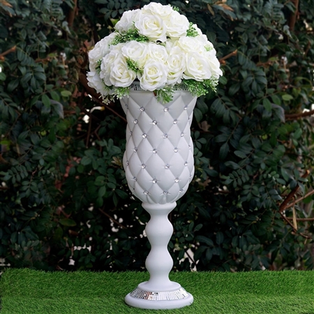 24" Tall White PVC 10mm Crystal Studded French Inspired Column Pedestal Plant Stand Pot - 2 Pack
