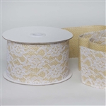 10 Yards 2.5" DIY Natural Gracefully Floral Lace Stitched Burlap Ribbon