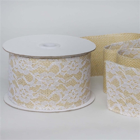 10 Yards 2.5" DIY Natural Gracefully Floral Lace Stitched Burlap Ribbon