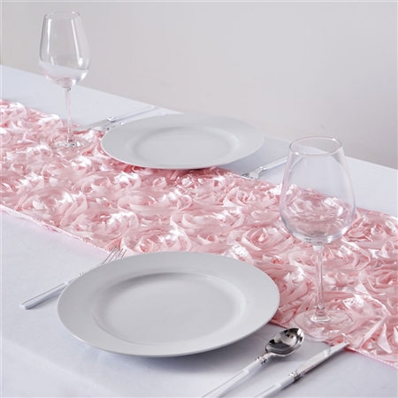 14"x 108" Grandiose Rosette Blush Satin Runner for Table Top Wedding Party Decorations