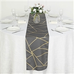 9FT Charcoal Gray Geometric Table Runner With Gold Foil Patterns