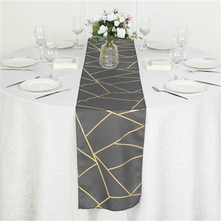 9FT Charcoal Gray Geometric Table Runner With Gold Foil Patterns