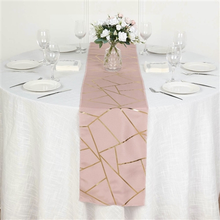 9FT Dusty Rose Geometric Table Runner With Gold Foil Patterns