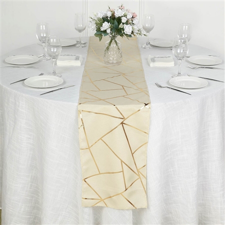 9FT Beige Geometric Table Runner With Gold Foil Patterns