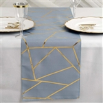 9FT Dusty Blue Geometric Table Runner With Gold Foil Patterns