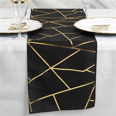 9FT Black Geometric Table Runner With Gold Foil Patterns