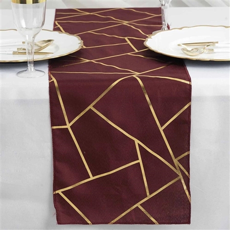 9FT Burgundy Geometric Table Runner With Gold Foil Patterns