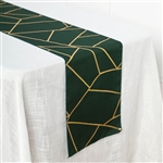 9FT Hunter Emerald Green Geometric Table Runner With Gold Foil Patterns