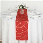 9FT Red Geometric Table Runner With Gold Foil Patterns