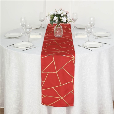 9FT Red Geometric Table Runner With Gold Foil Patterns